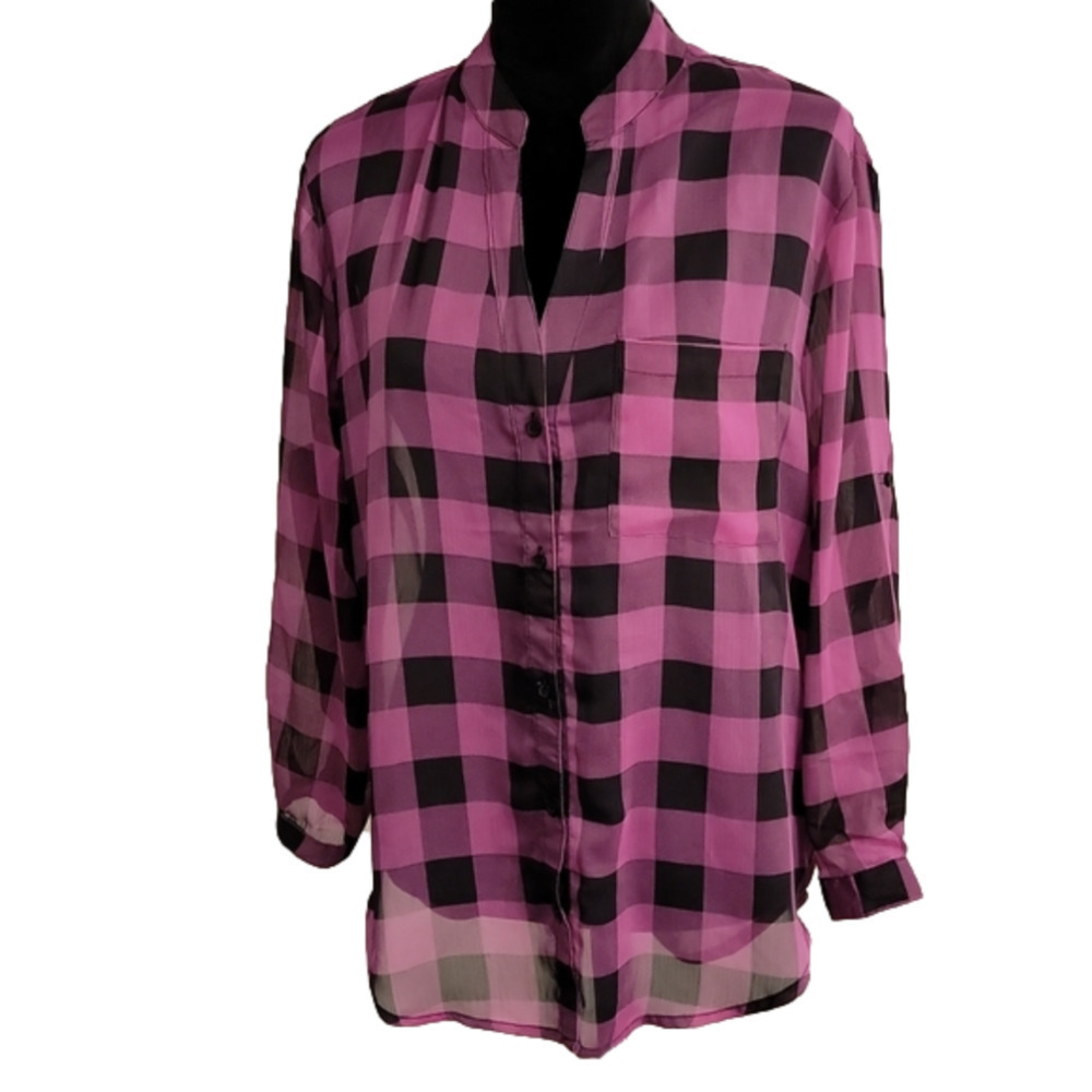 XHILARATION pink and black plaid sheer long sleeve button up blouse size small